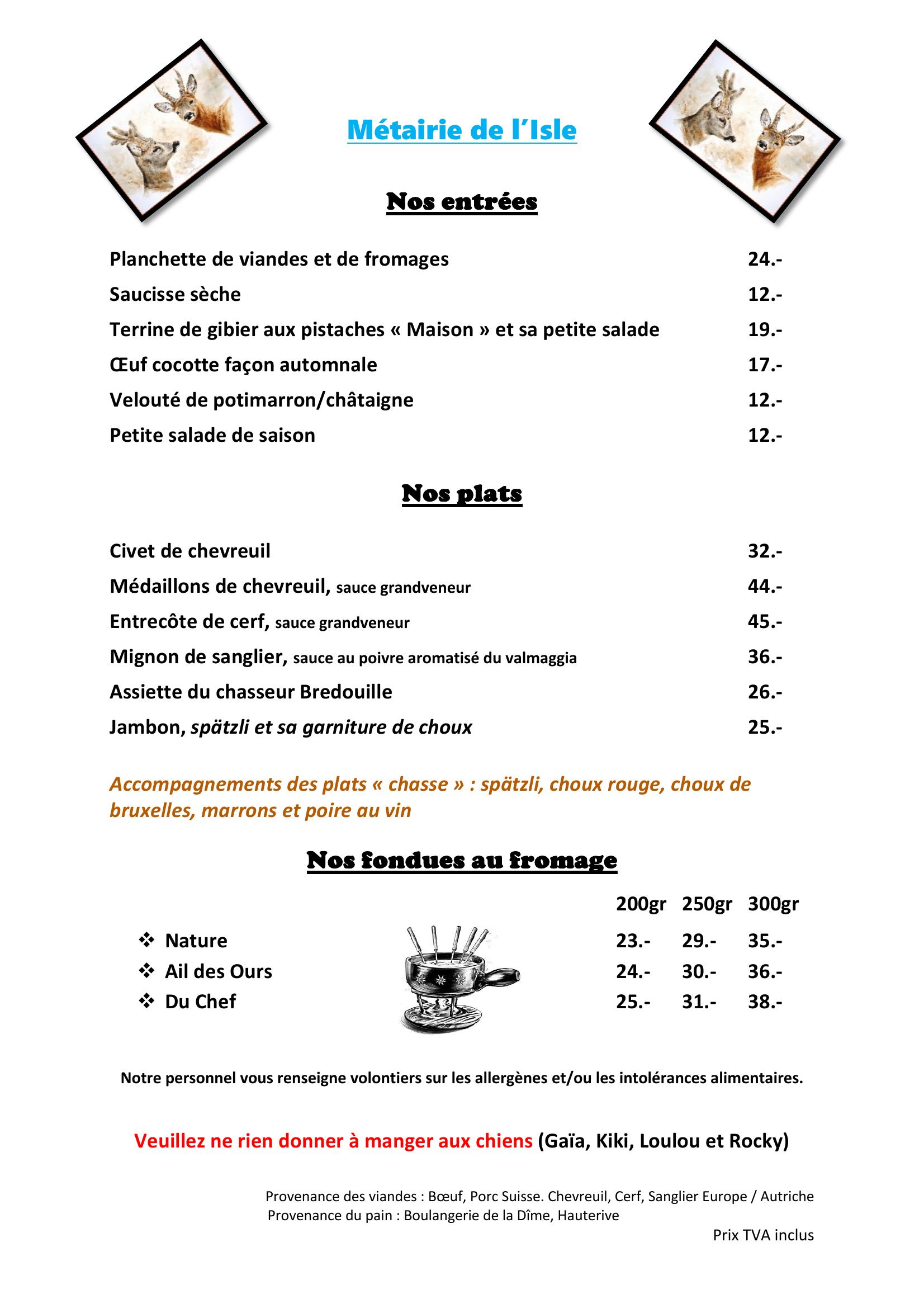 Carte et menu — La Métairie de L'Isle